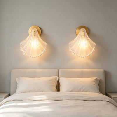 Ensemble de 2 appliques murales en verre Shell à 15 ampoules à DEL à intensité variable avec minuterie, chaîne perlée et lumière à dégradé, sans câblage pour la décoration de la chambre à coucher