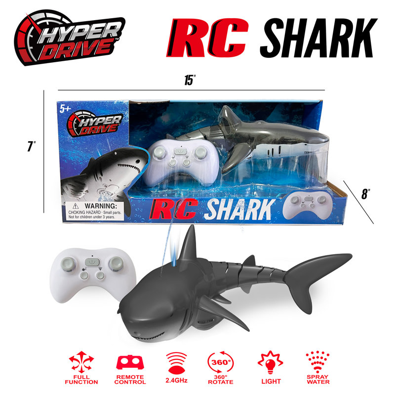 Hyper Drive: requin RC - gris - requin de natation à télécommande lumineux, 2,4 Ghz, jets d'eau, mouvement réaliste de la queue, rotation à 360 °, jeux d'eau, enfants de 6 ans et plus