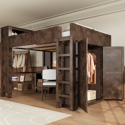 Wooden Queen Loft Bed with Wardrobe and Desk, Headboard with Storage and USB, Brown