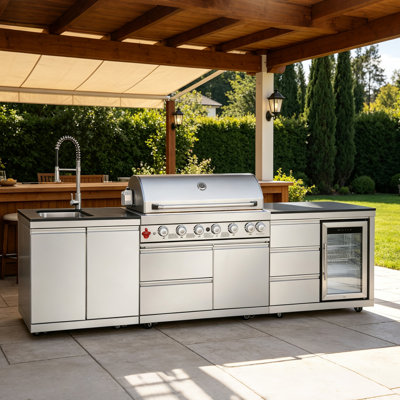 Îlot de cuisine extérieure de 35,5 cm (14 po) avec barbecue au gaz propane à 6 brûleurs – 83 500 BTU, acier inoxydable 304, évier et réfrigérateur, certifié CSA/ETL