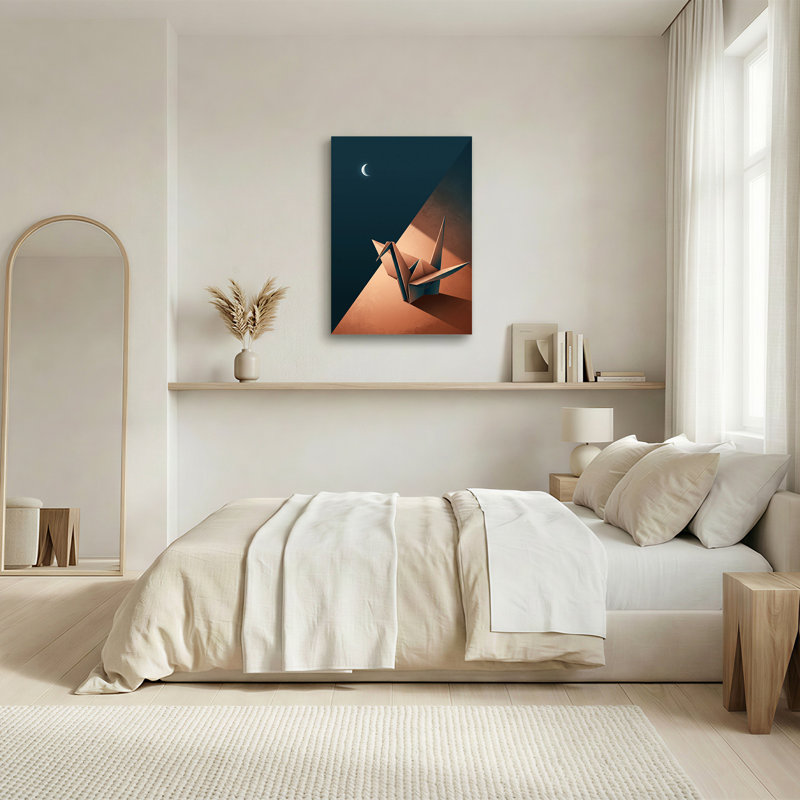 Grue en origami bronze et croissant de lune sur toile bleu foncé, H 18 po x l 12 po