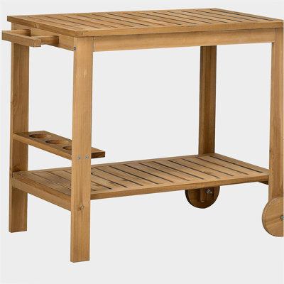 Outdoor Bar Cart, Wooden Wheel Family Bar and Service Cart, with 2 Shelves, Wine Bottle Rack, Suitable for Gardens, Restaurants, Nature
