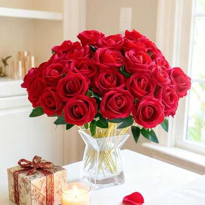 50 Pcs Artificial Red Roses With 20 Inch Stems - UV Resistant Silk & Velvet Blend Fake Flowers For Wedding, Home Decor, DIY Bouquets, Centerpieces & Romantic Gifts