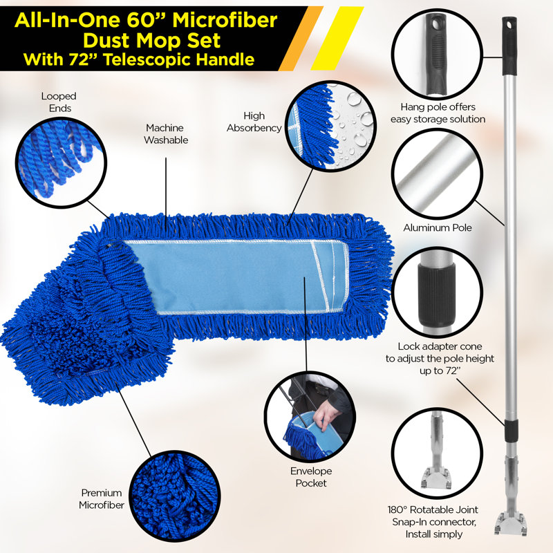 Gritt Commercial All-In-One Microfiber Dust Mop Set With Telescopic Handle, Pack of 4, 72" H x 60" W x 5" D