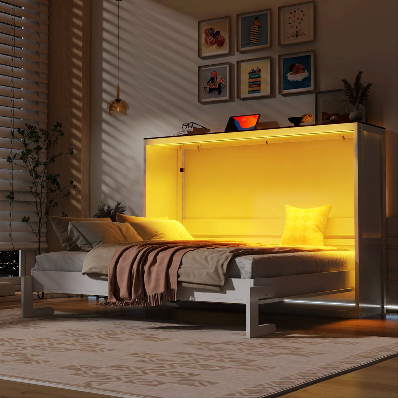 Lit escamotable avec éclairage DEL, cadre de lit moderne pour chambre à coucher, Double, Blanc