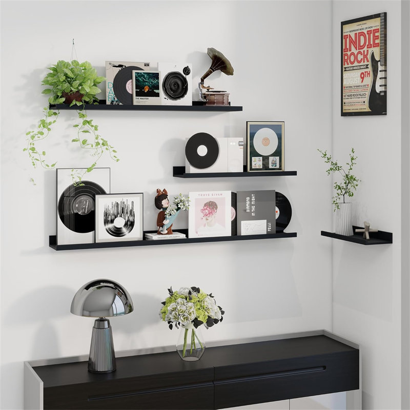 Rustic Floating Shelves Set of 3 with Lip, Picture Ledge Shelf for Nursery, Living Room – Multipurpose Storage Organizer, Bookshelf, & Photo Display Rack Black