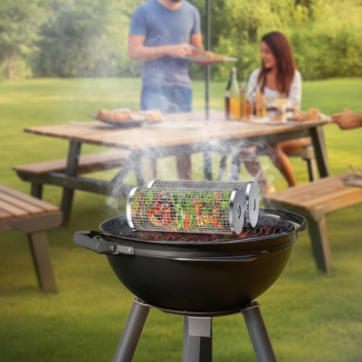 Rolling Grill Basket With Removable Wooden Handle, Stainless Steel, Nesting Bbq Tool For Vegetables And Outdoor Cooking