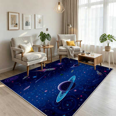 Clear Machine Washable,Cosmic Space Galaxy Star Rocket Indoor Area Rug