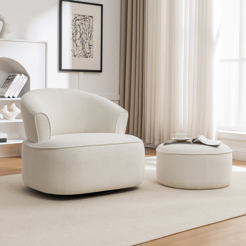 Armelda 33'' Wide Upholstered Polyester Swivel Chair With Ottoman, Beige Polyester