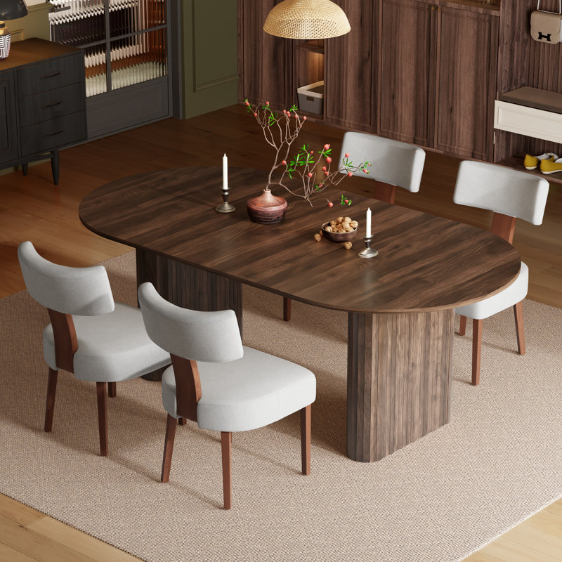Ensemble de table à manger pour 6 personnes avec table ovale et 6 chaises rembourrées en lin, Brun, Gris