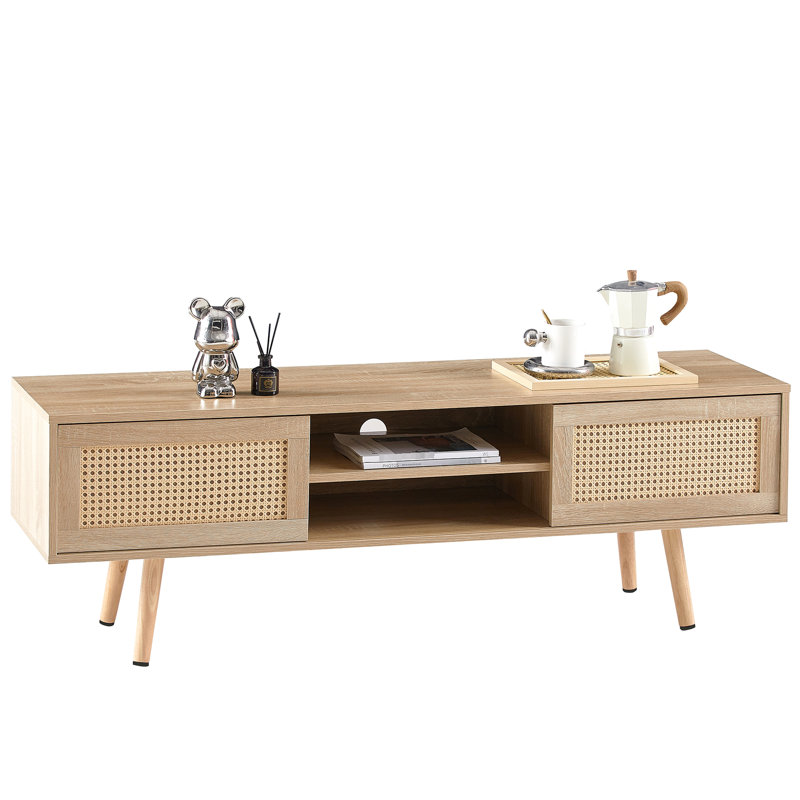 Woven Tv Cabinet, 54.68" Length, Double Sliding Doors, Adjustable Shelf, Solid Wood Legs, For Living Room Style Console, Legs Usual Need