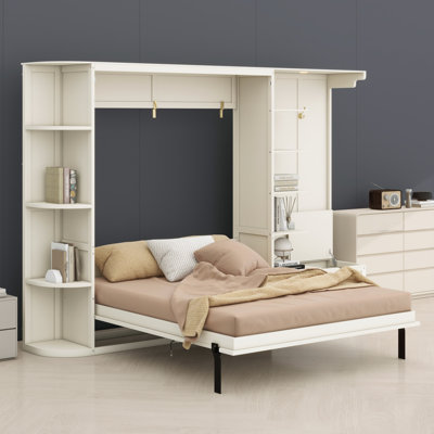 Lit escamotable moderne avec lumières intégrées, grandes tablettes, armoires et crochet de suspension