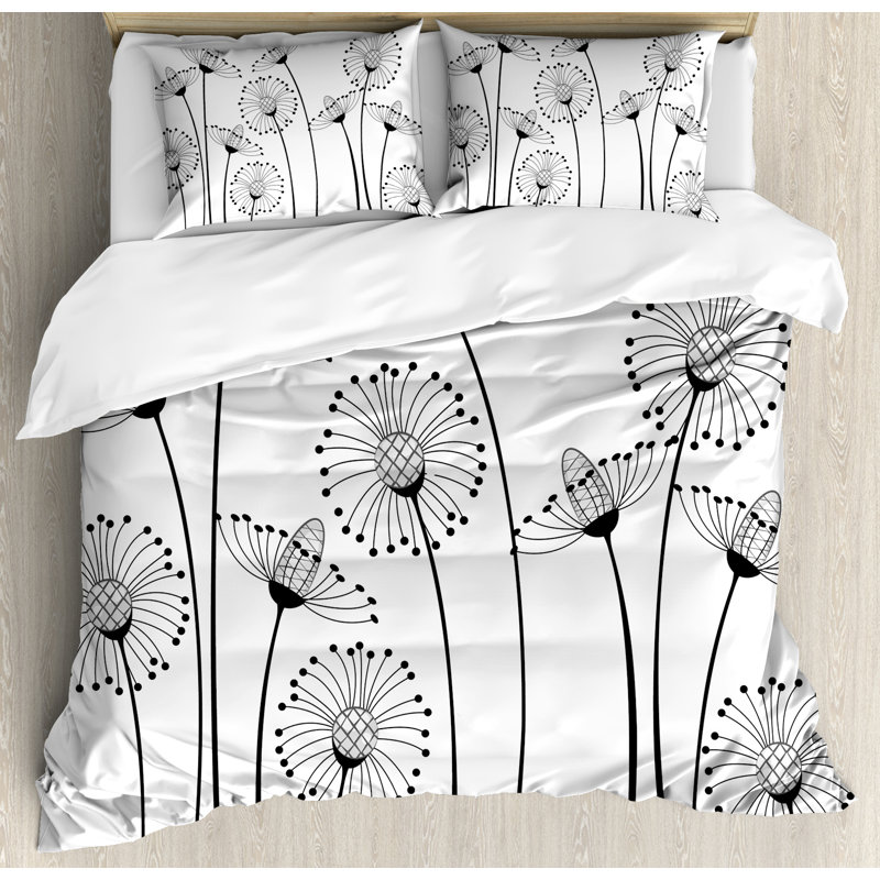 Queen Size Black and White Floral Microfiber Duvet Cover Set