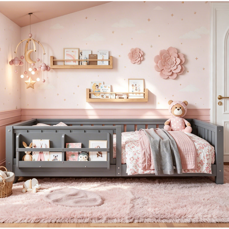 Twin Floor Bed With Slats And Safety Guardrail, Twin Size Montessori Floor Bed With Fence And Built-in Bookshelf, Easy Assemble Montessori Beds For Kids, Girls, Boys,gray