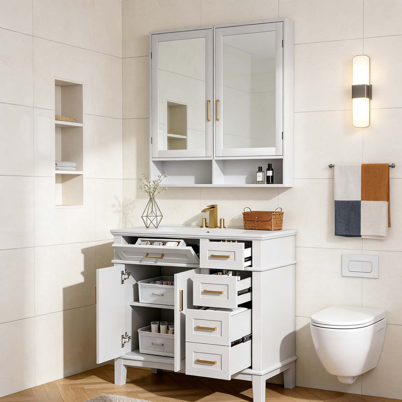 Modern Bathroom Vanity with Ceramic Sink,Soft-Close Doors, White