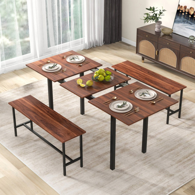 Ensemble de table de salle à manger 3 pièces pour 4 à 6 personnes avec 2 bancs, Noyer, Noyer