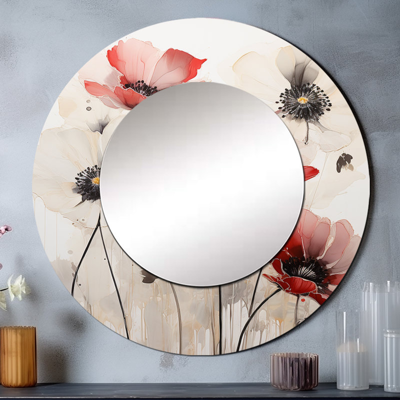 Minimalism Red White Buttercups - Buttercups Wall Mirror, Red Round Decorative Mirror, Printed Metal Art, 29" x 29"