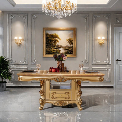 Golden Retro High-end Carved Storage Dining Table
