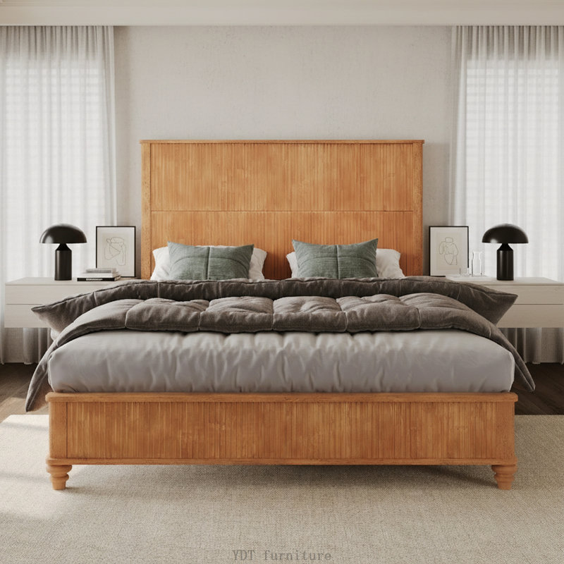 Queen Size Solid Wood Platform Bed Frame with Tall Headboard, No Box Spring Needed, Natural, Queen