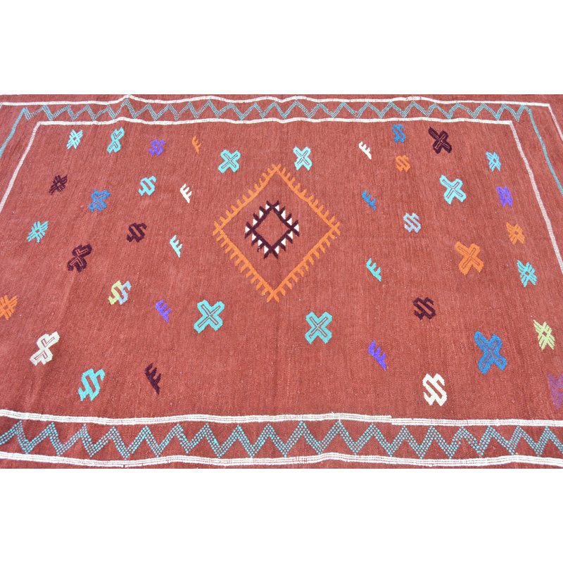 One-of-a-Kind 3'7" X 6'4" 1990s Area Rug Burned Orange/Blue/White