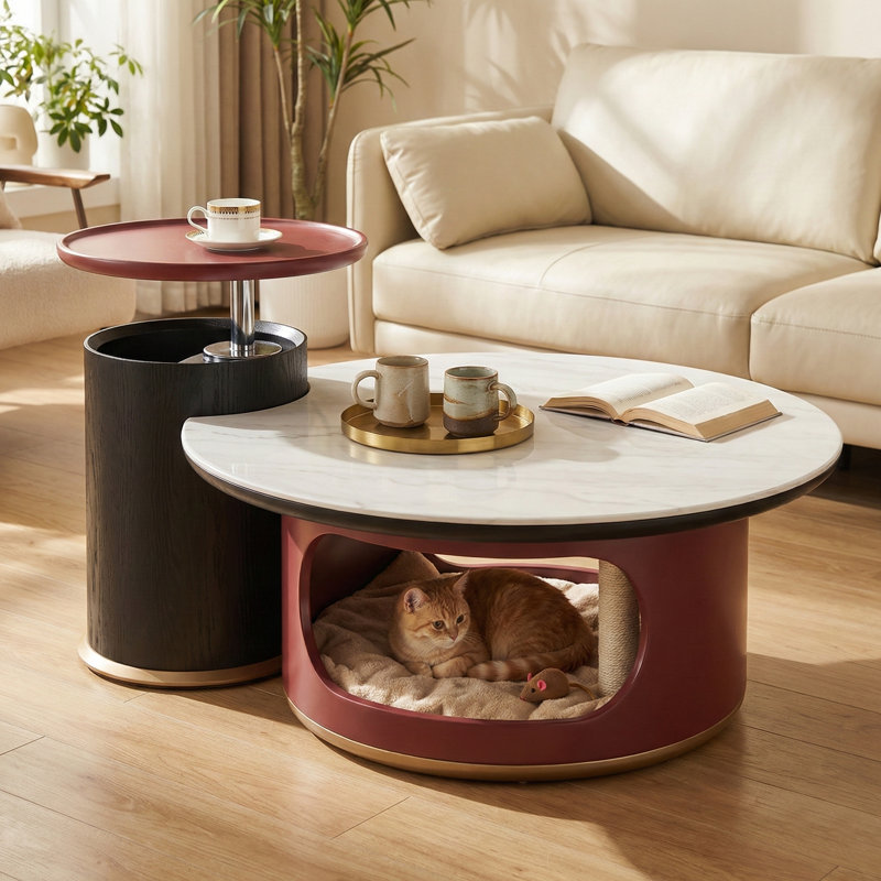 Modern 2 Piece Coffee Table Set with Lift Top Side Table and Round Cat House Coffee Table for Living Room No Assembly Nesting Tables