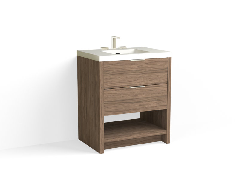 Vue 30" W Freestanding Single Bathroom Vanity, Nimbus, Glossy White/8" Widespread, Matte Black