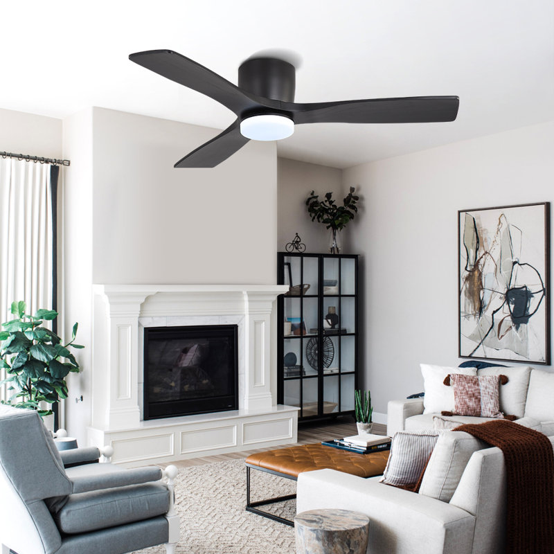 Ventilateur de plafond encastré 48 po à 3 pales en bois massif sculpté à 6 vitesses, silencieux et réversible, avec moteur à intensité variable et télécommande, noir