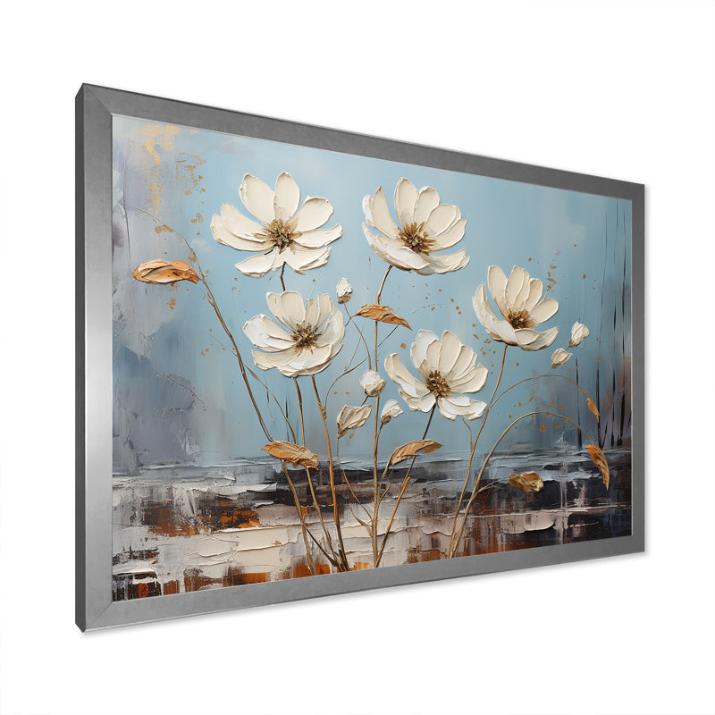 Marguerite blanche sur fond blanc, H 30 po x l 40 po x P 1,5 po, Cadre simple argenté