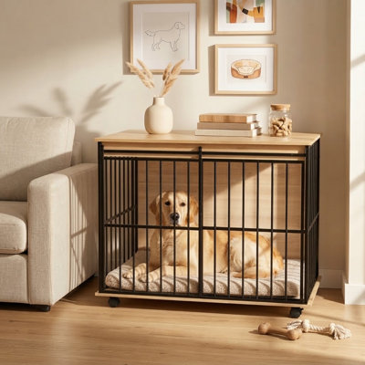 43.3'' Natural Wood Dog Crate Furniture with Wheels & Lockable Door, Indoor Dog Kennel End Table for Medium to Large Dogs