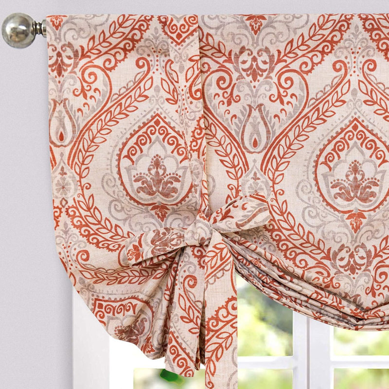 Faux Linen Farmhouse Tie up Valance, 42" W x 54" L, Red on Beige