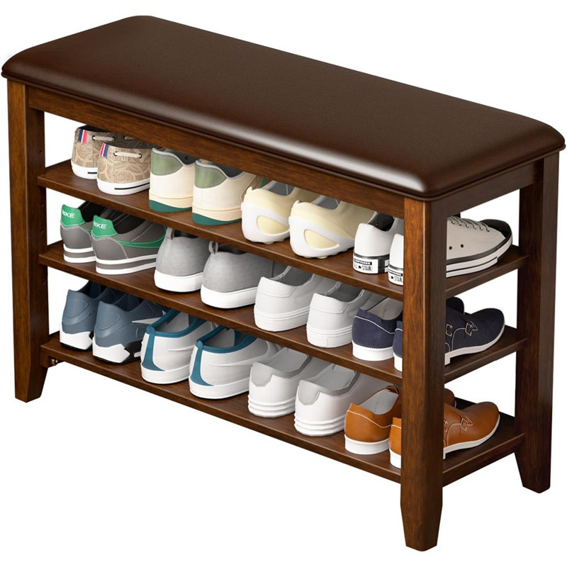 Banc de rangement pour chaussures d'entrée avec coussin en cuir, banc de rangement pour chaussures pour l'entrée, idéal pour les couloirs, portes d'entrée, vestibules avec bois d'hévéa et 3 tablettes réglables en hauteur et amovibles