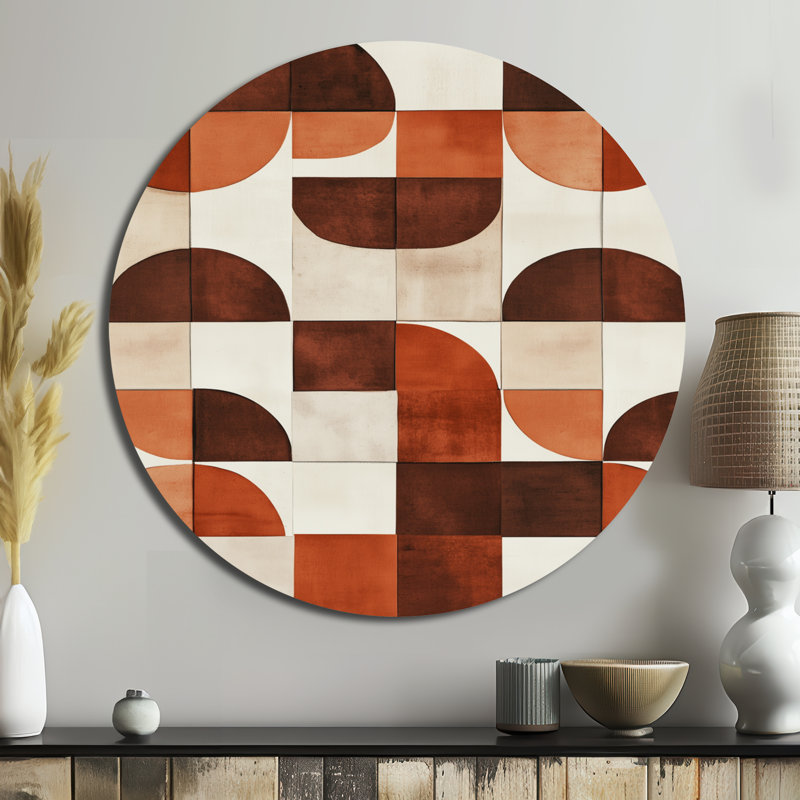 Crescent Rhythm In Terracotta - Abstract Midcentury Metal Wall Decor Round, 23" W x 23" H
