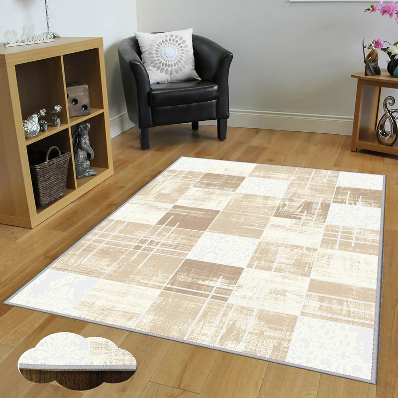Tapis à carreaux en polyester beige / crème, Rectangle 5 pi 11 po x 9 pi 2 po