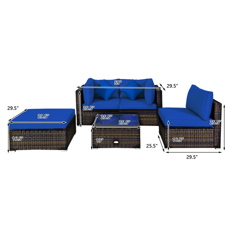 Ensemble de conversation modulaire en rotin 5 pièces avec coussins Eckfried, Bleu marine
