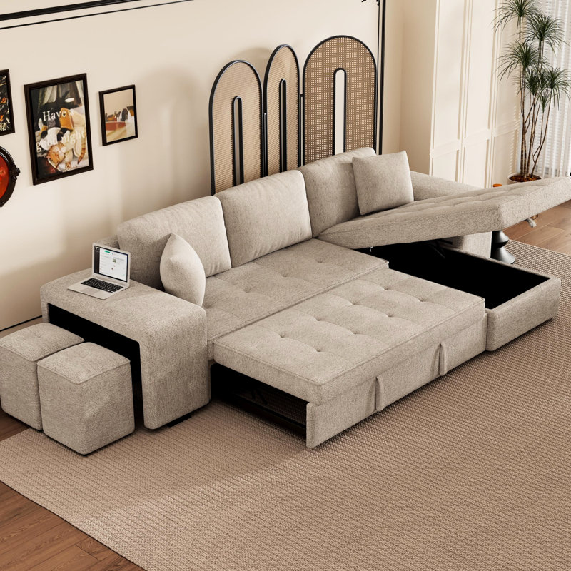 Canapé modulaire moderne en L à 3 places avec canapé-lit, 2 tabourets et rangement pour méridienne réversible
