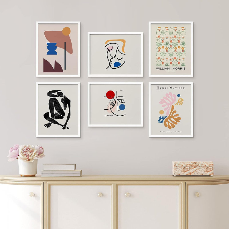 " Mid-Century Matisse Shapes Plants " by Henri Matisse 6 - Pieces, White Framed, 14" H x 11" W x 1" D