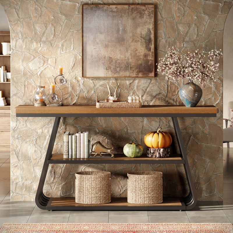 Modern Console Table, 55" Long 3-Tier Sofa Table With Iron Frame For Entryway & Living Room