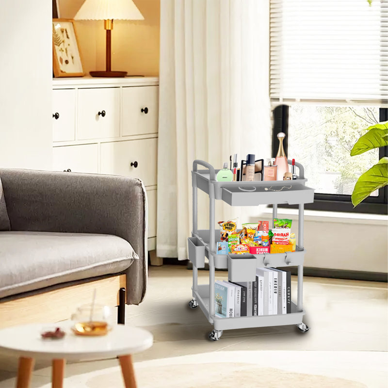3 Tier Rolling Utility Cart With Drawer,Storage Cart,Rolling Cart Storage Organizer With Iron Wheels, Nickel