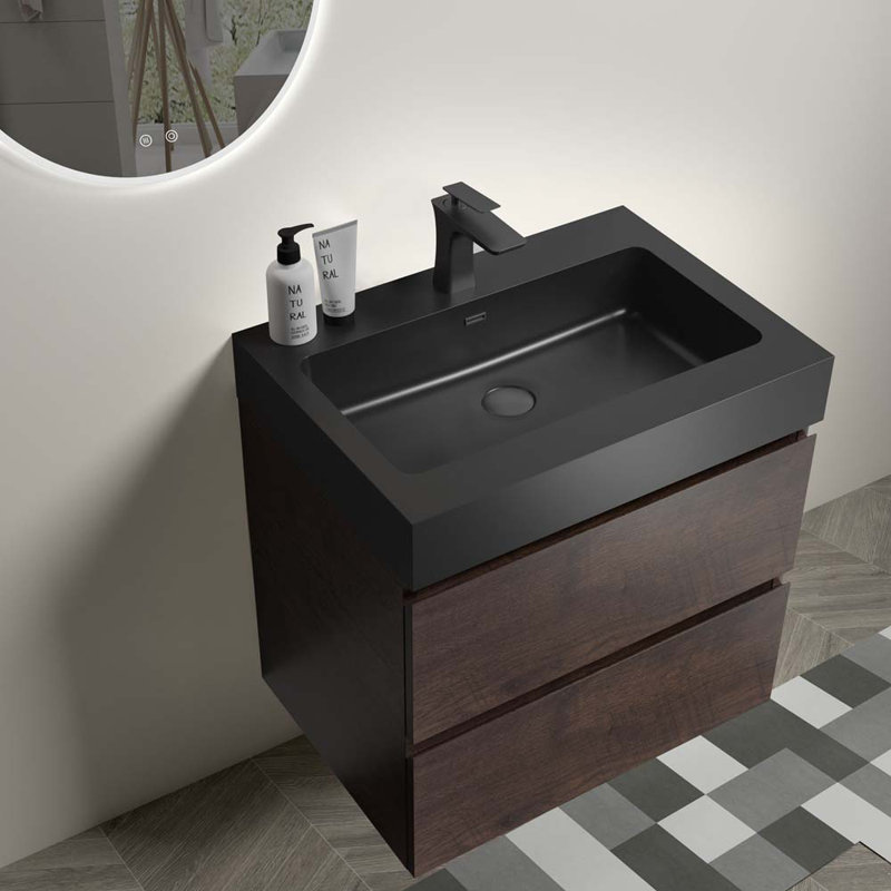 Meuble-lavabo mural simple 24 po avec lavabo, Noyer / Noir