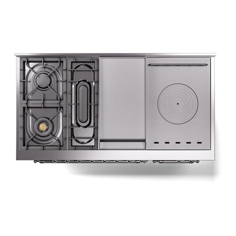 ILVE Nostalgie II Noblesse 48 inch Dual Fuel Range (5 Sealed Burners + Griddle + French Top, Triple Glass Door), Chrome