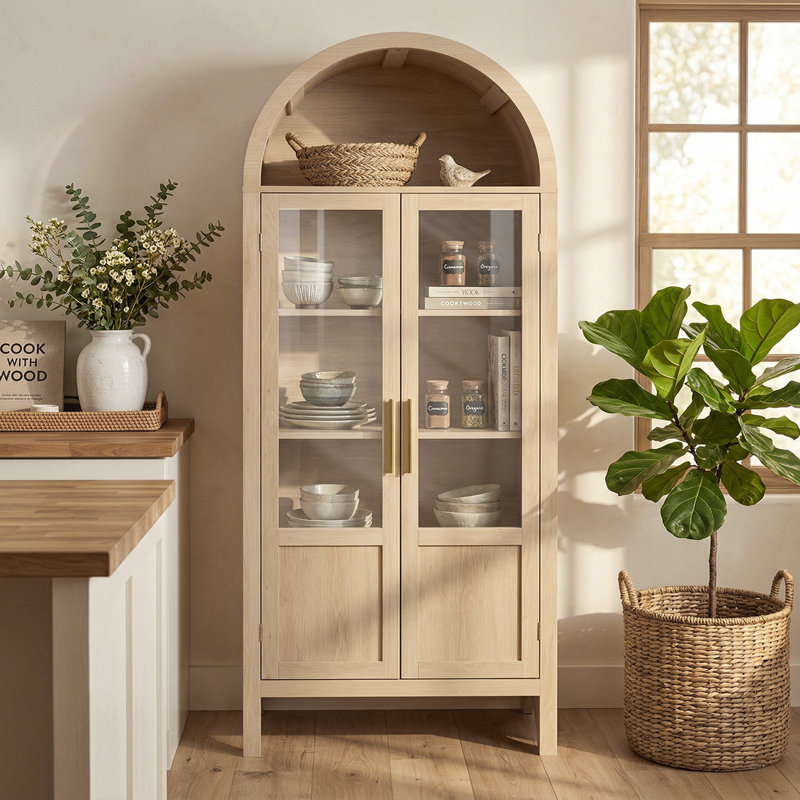 72" Tall Arched Kitchen Pantry Cabinet, Modern Kitchen Pantry Storage Cabinet with Open Shelves, Natural