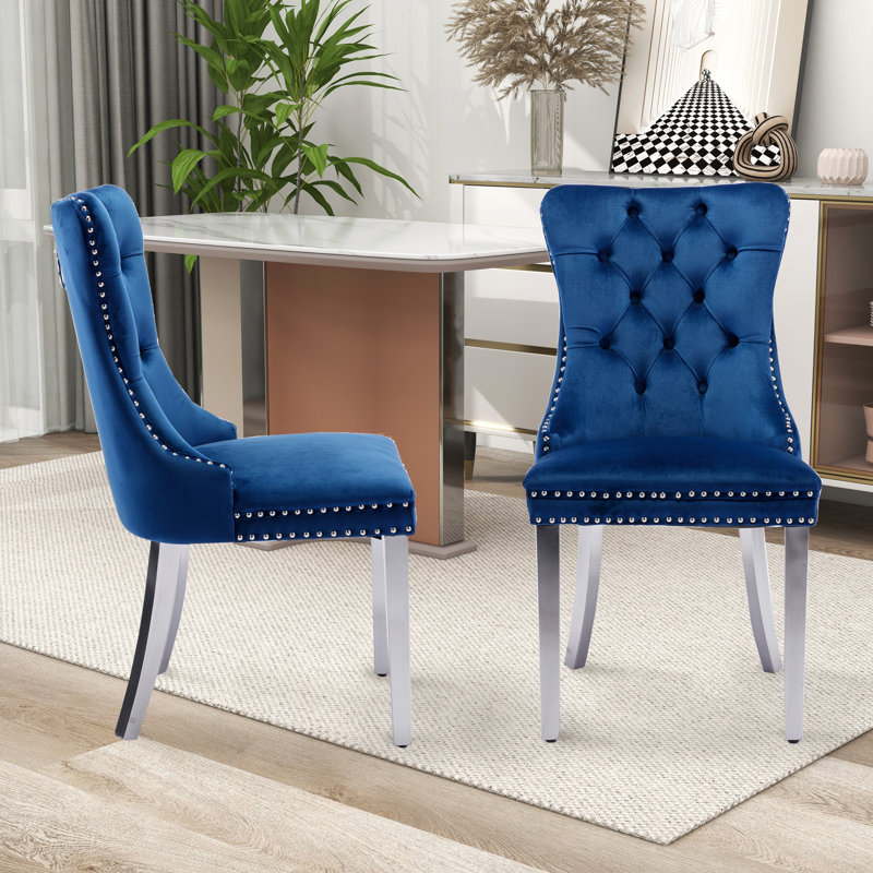 Chaise rembourrée capitonnée, Argent, Bleu