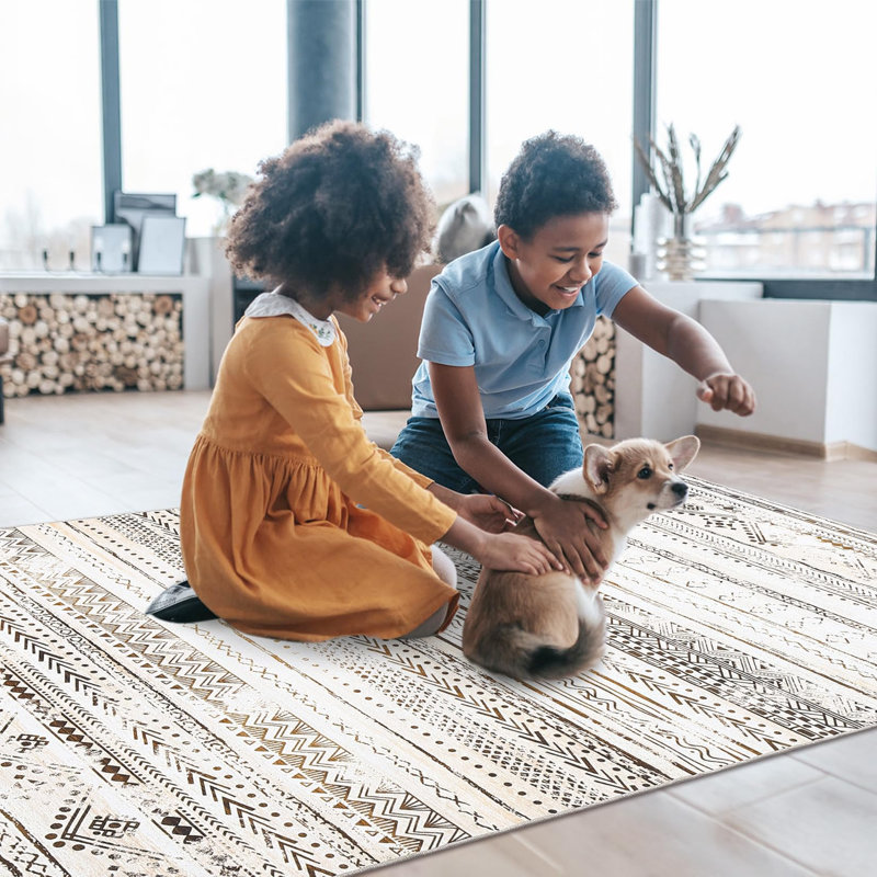 Tapis décoratif décoratif antidérapant et lavable à la machine Boho, Rectangle 6 pi x 9 pi