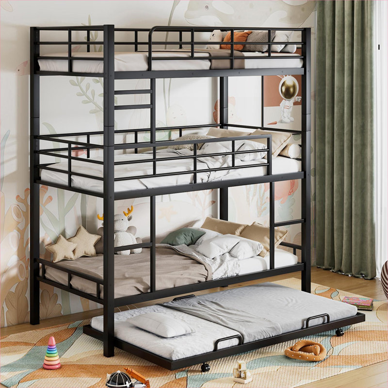 Structure de lit superposé simple en métal avec lit gigogne, noir de jais, conception compacte pour les petits enfants ou les chambres d'amis