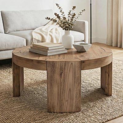 Table basse rustique ronde en bois massif de style campagnard circulaire rond 31,5 pouces pour le salon, facile à assembler