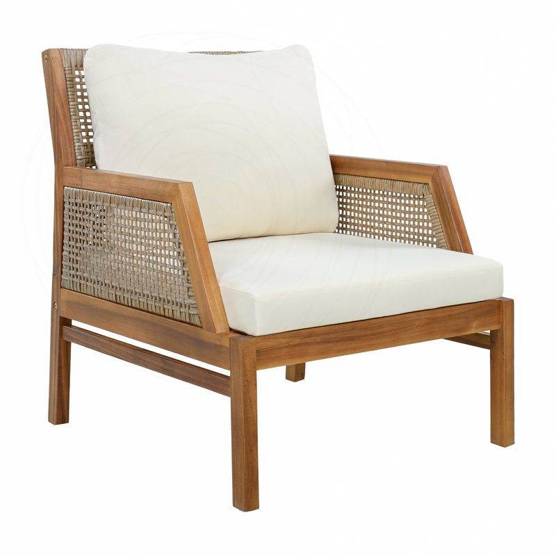 Fauteuil club de patio en bois d'acacia avec osier et coussins