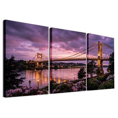 Illuminated Suspension Bridge at Dusk with Rhododendrons Set Of 3 Canvas Wall Art