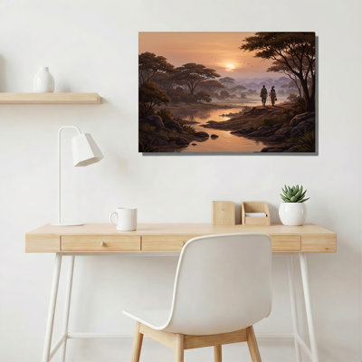 Silhouette, couple debout sur une colline surplombant la rivière Misty au coucher du soleil, art mural