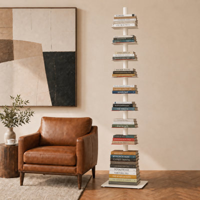 9 Tier Bookshelf, Vertical Corner Shelf With Modern Invisible Spine Ladder
