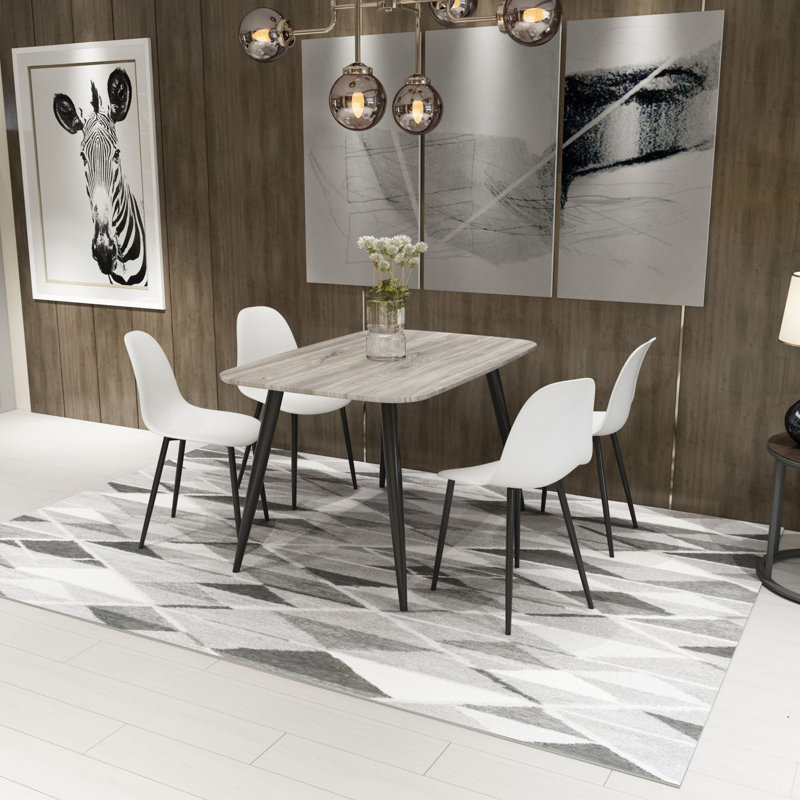 Huetter 5-Piece Casual Dining Set - Spacious Rectangular Table & 4 Curved Plastic Chairs, White, Grey